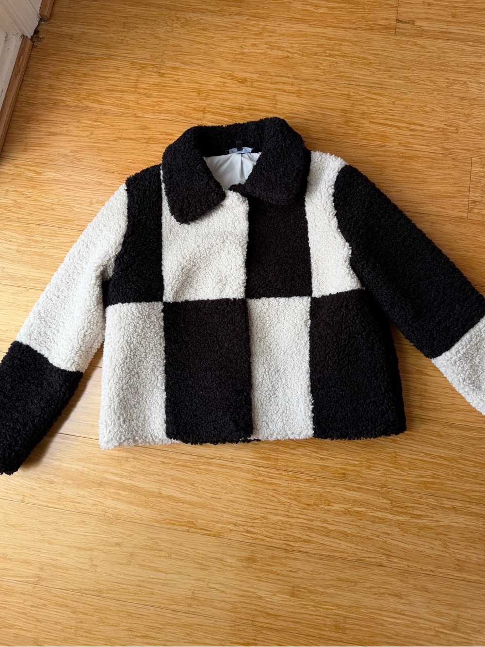 Y2K Black Cream Checkerboard Teddy Sherpa Jacket Size Large